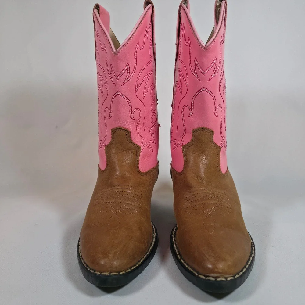 Old West J Toe Cowboy Boots Pink Brown Youth 2D Leather Pointed Toe Stitching